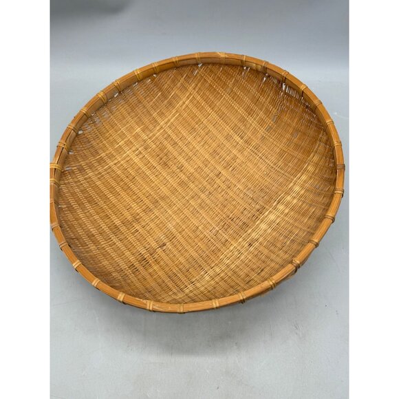 Handwoven Bamboo Basket Round Woven Serving Tray Natural Decor 15"X5"Used READ - Picture 2 of 6